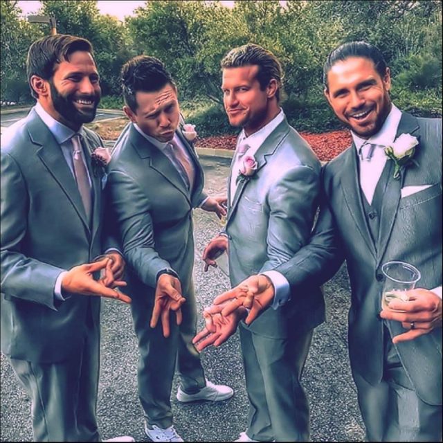 John Morrison with Downstait fans Matt Cardona, Dolph Ziggler and The Miz at his wedding