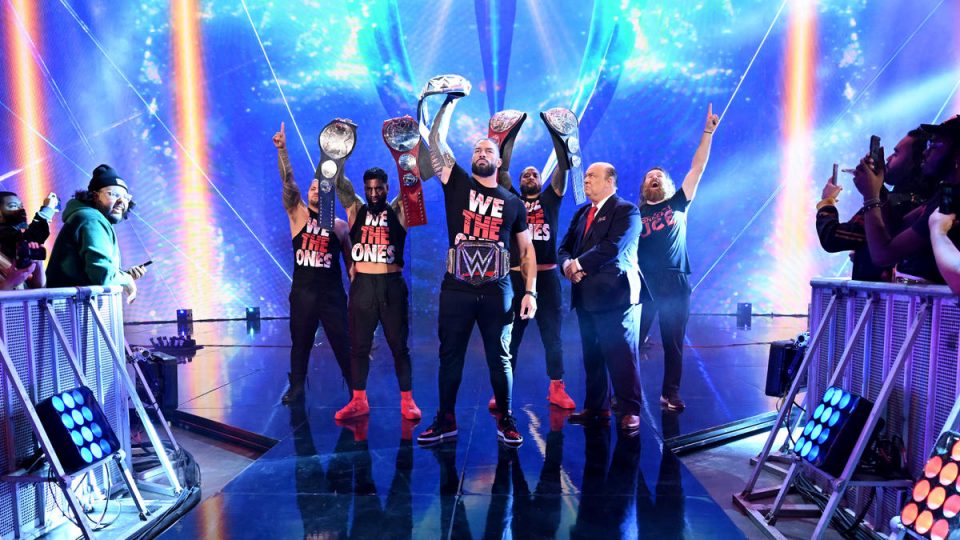 The Bloodline Roman Reigns Sami Zayn Paul Heyman Solo Sikoa The Usos Jimmy Uso Jey Uso make their entrance on WWE Raw 2022