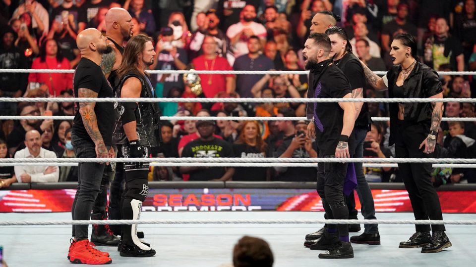 The OC AJ Styles Karl Anderson Luke Gallows confront The Judgement Day Finn Balor Damian Priest Dominik Mysterio Rhea Ripley on WWE Raw 2022
