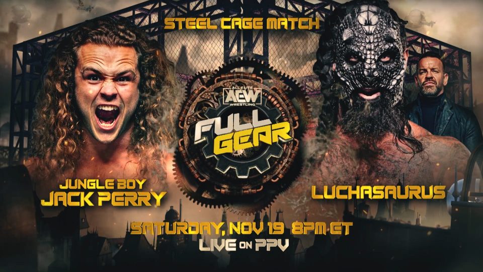 Poster for Luchasaurus vs. "Jungle Boy" Jack Perry - Steel Cage Match AEW Full Gear 2022