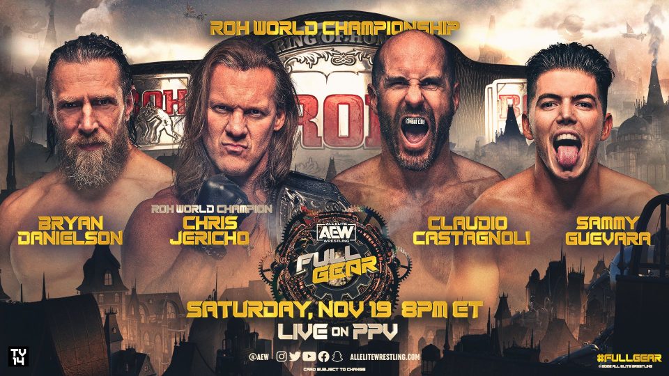 Poster for Chris Jericho vs. Bryan Danielson vs. Claudio Castagnoli vs. Sammy Guevaraat AEW Full Gear 2022