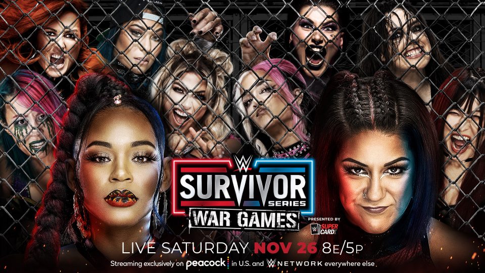 Survivor Series posters for the Women's WarGames match - Bianca Belair, Alexa Bliss, Asuka, Mia Yim, and Becky Lynch vs. Damage CTRL (Bayley, Dakota Kai, and Iyo Sky), Nikki Cross, and Rhea Ripley