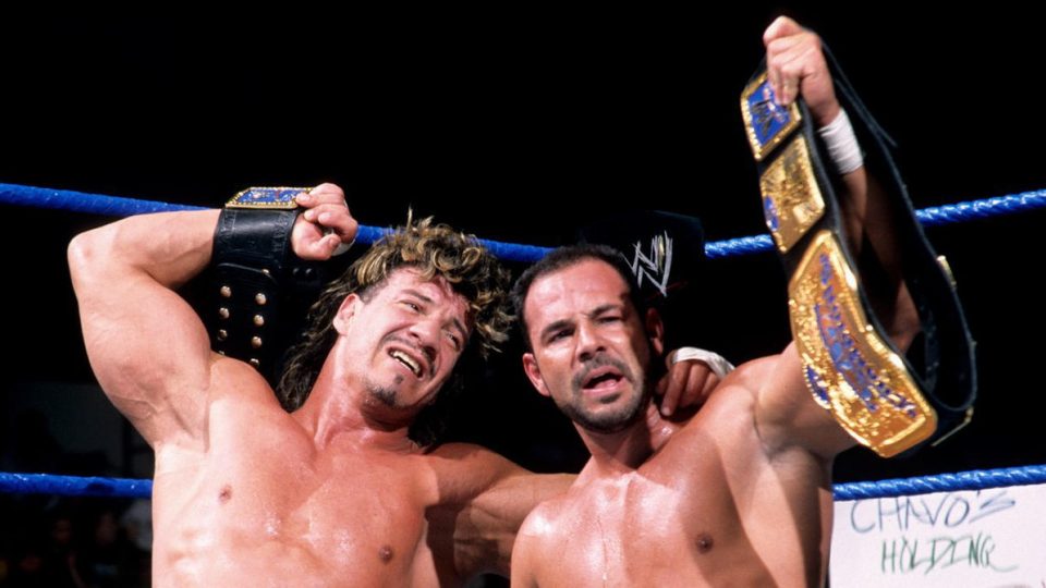 Chavo Guerrero and Eddie Guerrero with SmackDown Tag Team Championships