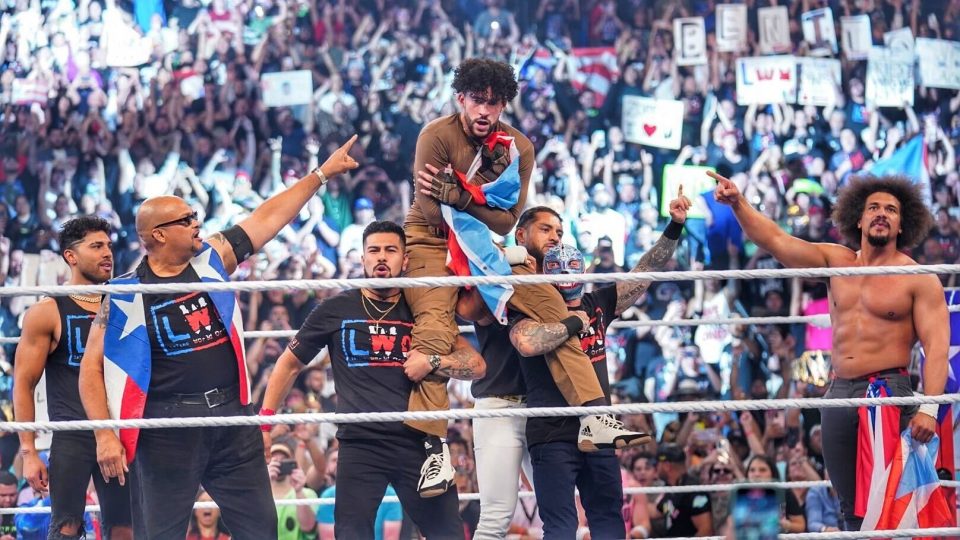 Savio Vega with LWO celebrating Bad Bunny at WWE Backlash Carlito Rey Mysterio Santos Escobar Joaquin Wilde Cruz del Toro