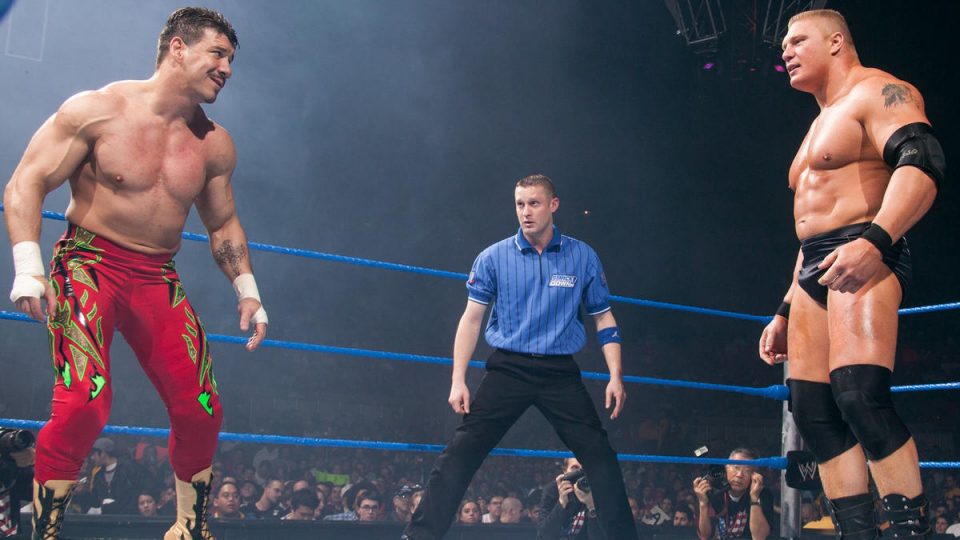 Eddie Guerrero and Brock Lesnar face off in the ring
