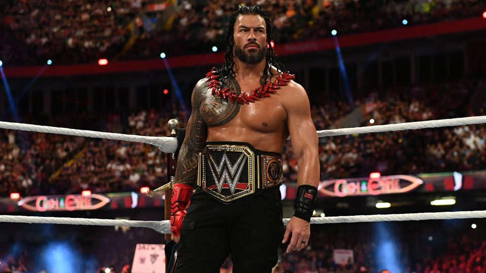 Roman Reigns in the ring with the WWE Championship round his waist at WWE Clash At The Castle