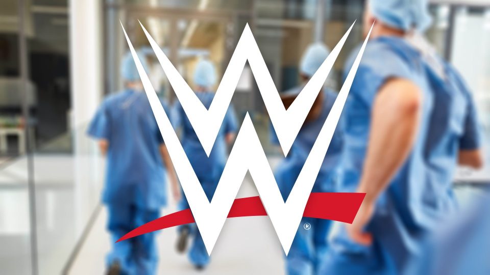 WWE Survivor Series: WarGames logo over a blurred hospital scene featuring doctors running