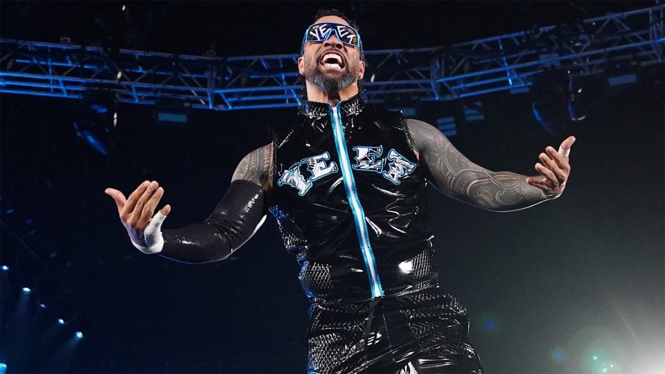 Jey Uso posing during his entrance at WWE Backlash France 2024