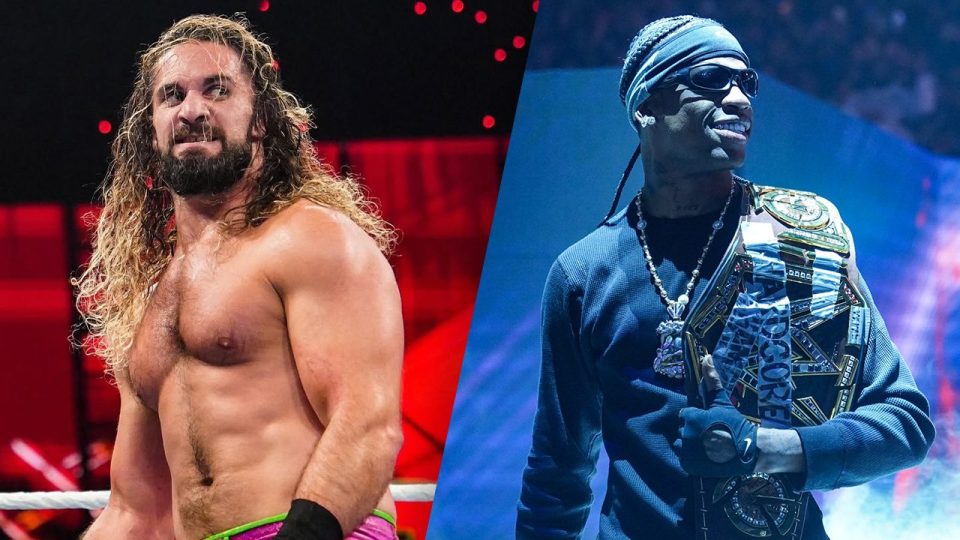 Seth Rollins (left) inside a WWE ring on WWE Raw and Travis Scott (right) making his entrance with his custom WWE Hardcore Championship at WWE Elimination Chamber 2025