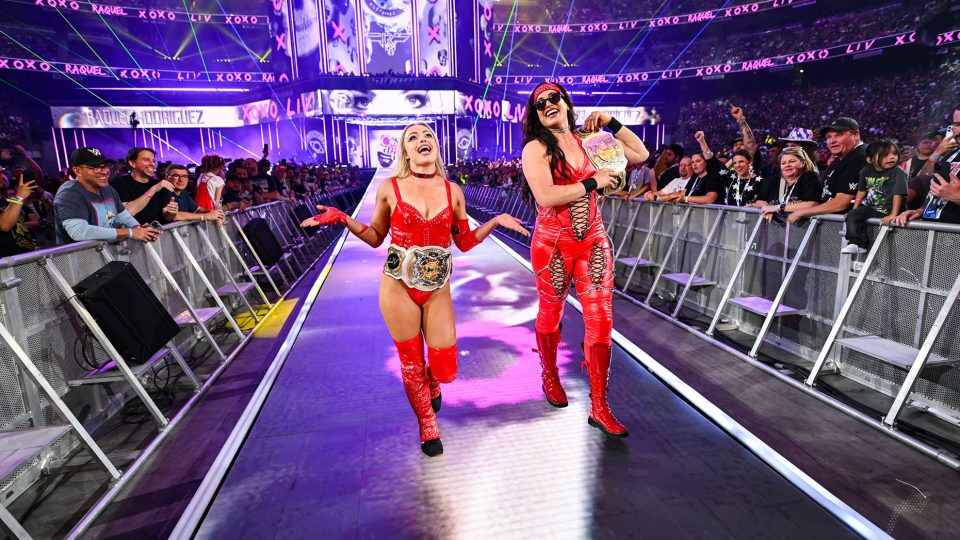 WWE Women's Tag Team Champions Liv Morgan and Raquel Rodriguez head to the ring at WrestleMania 41