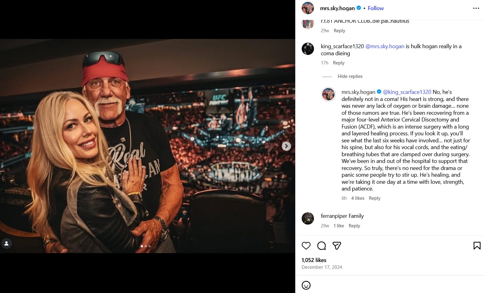 Screenshot of Hulk Hogan's wife Sky Daily responding to a fan