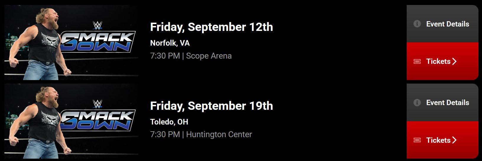Screenshot of Brock Lesnar dates added to the official WWE website